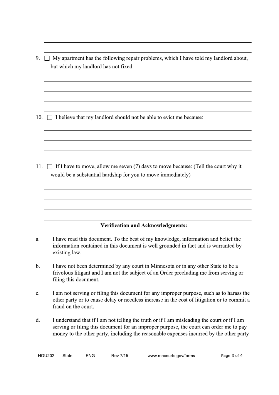 Form HOU202 Eviction Action Answer - Minnesota, Page 3