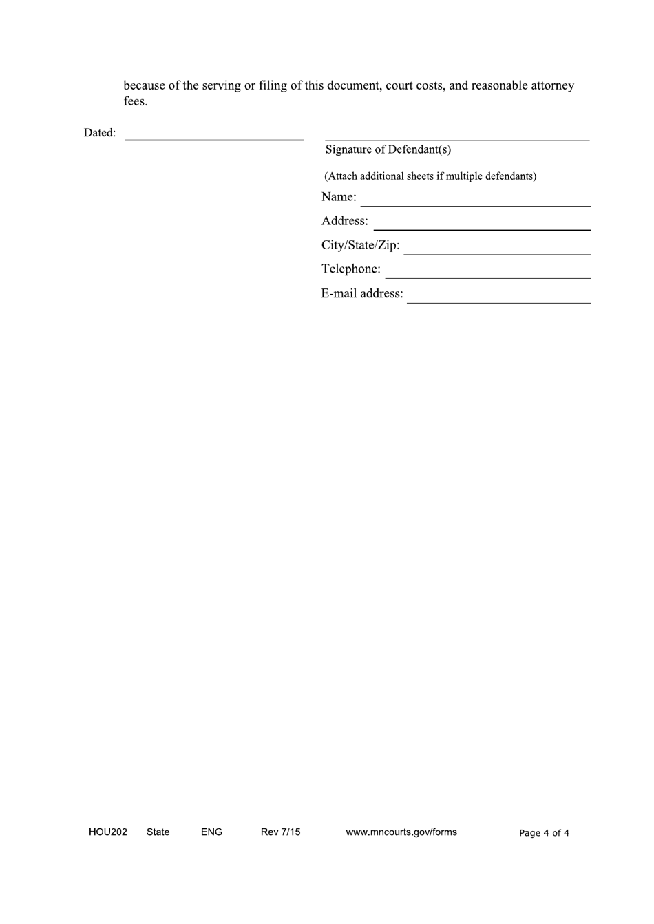Form HOU202 Eviction Action Answer - Minnesota, Page 4