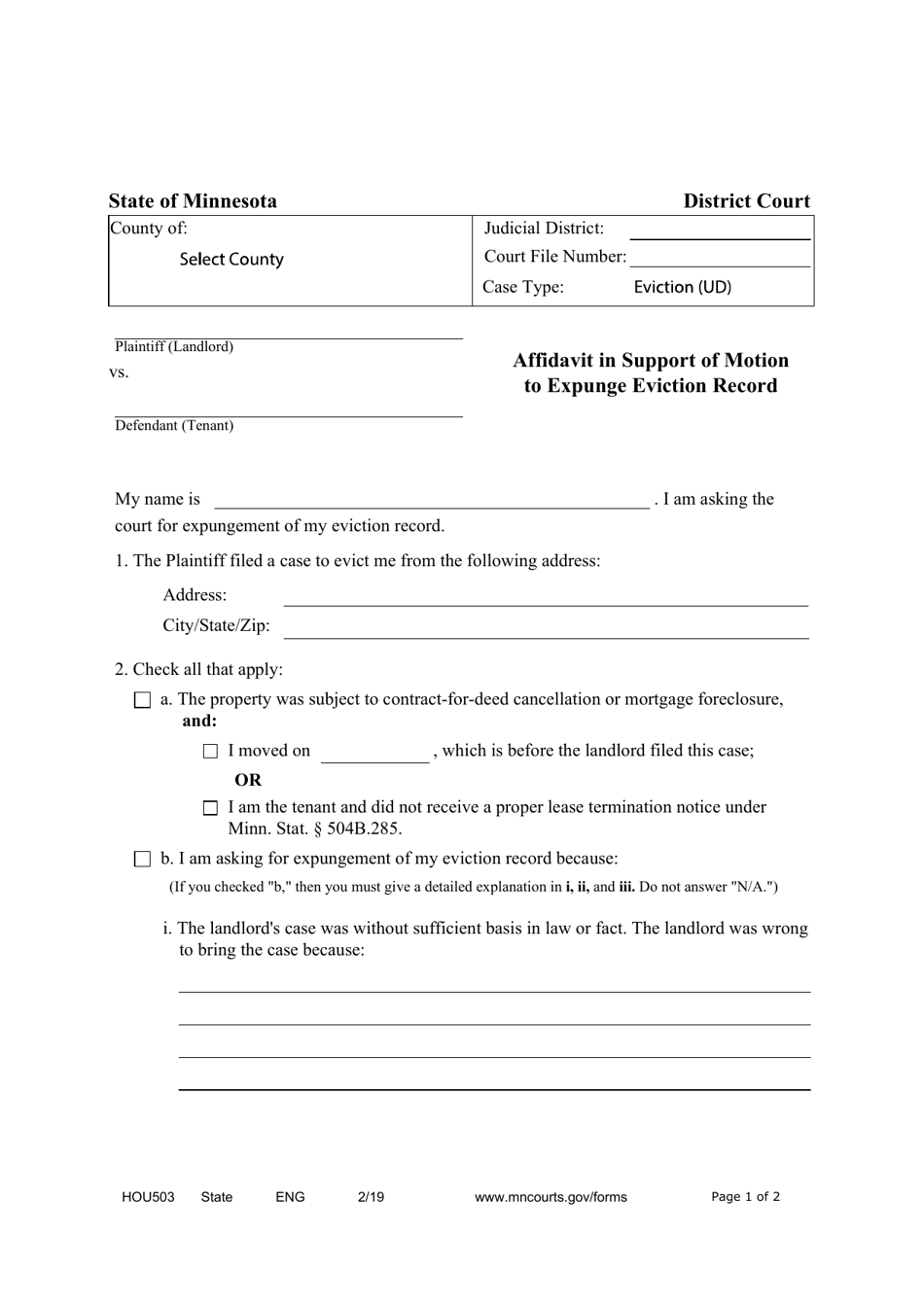 Form HOU503 Affidavit in Support of Motion for Expungement of Eviction Record - Minnesota, Page 1
