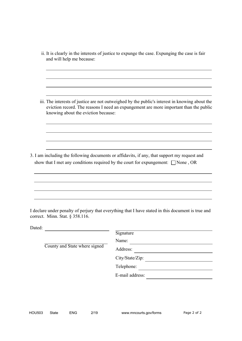 Form HOU503 Affidavit in Support of Motion for Expungement of Eviction Record - Minnesota, Page 2