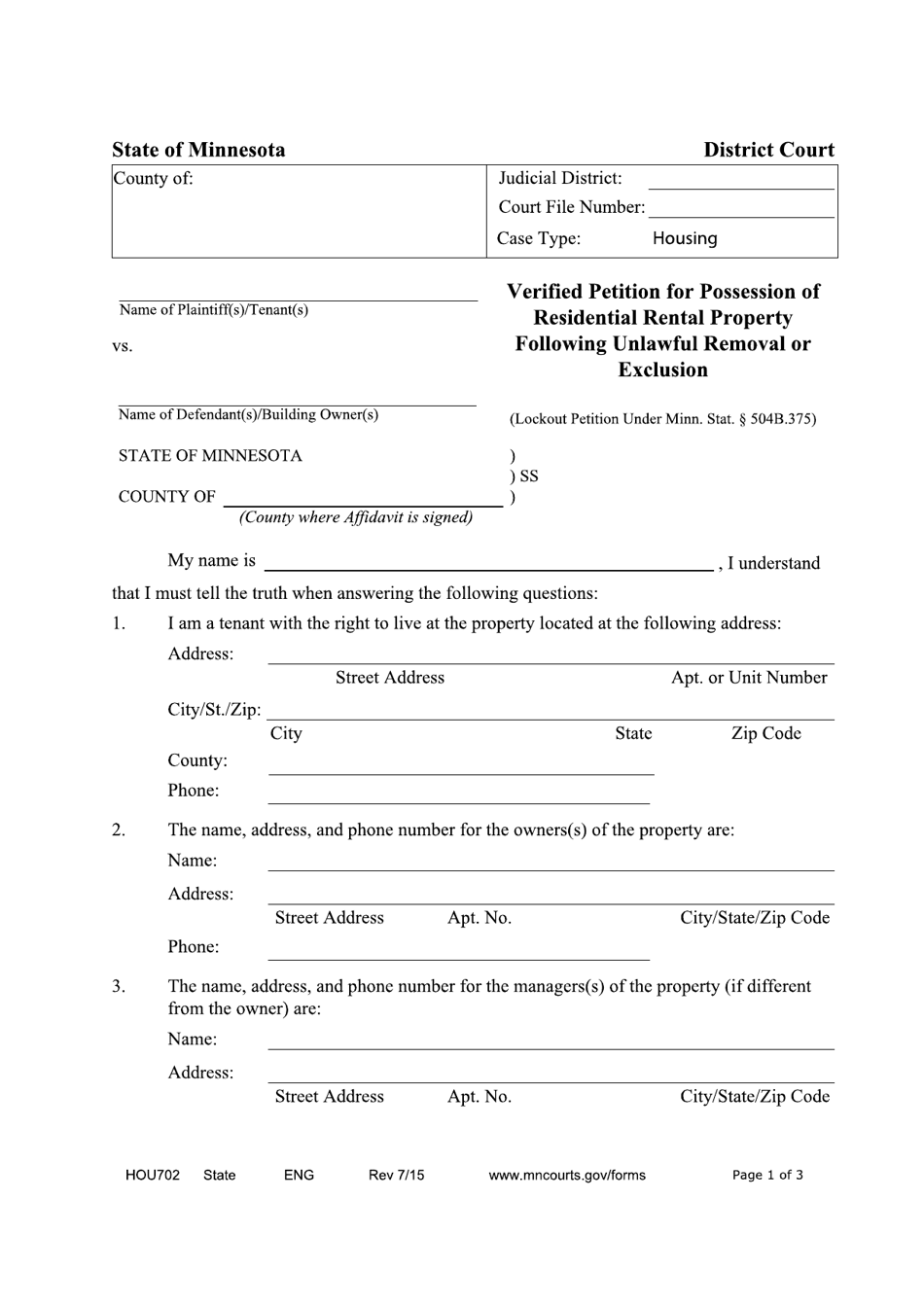 Form HOU702 Verified Petition for Possession of Residential Rental Property Following Unlawful Removal or Exclusion - Minnesota, Page 1