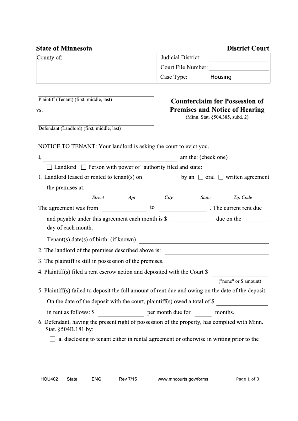 Form HOU402 Counterclaim for Possession of Premises and Notice of Hearing - Minnesota, Page 1