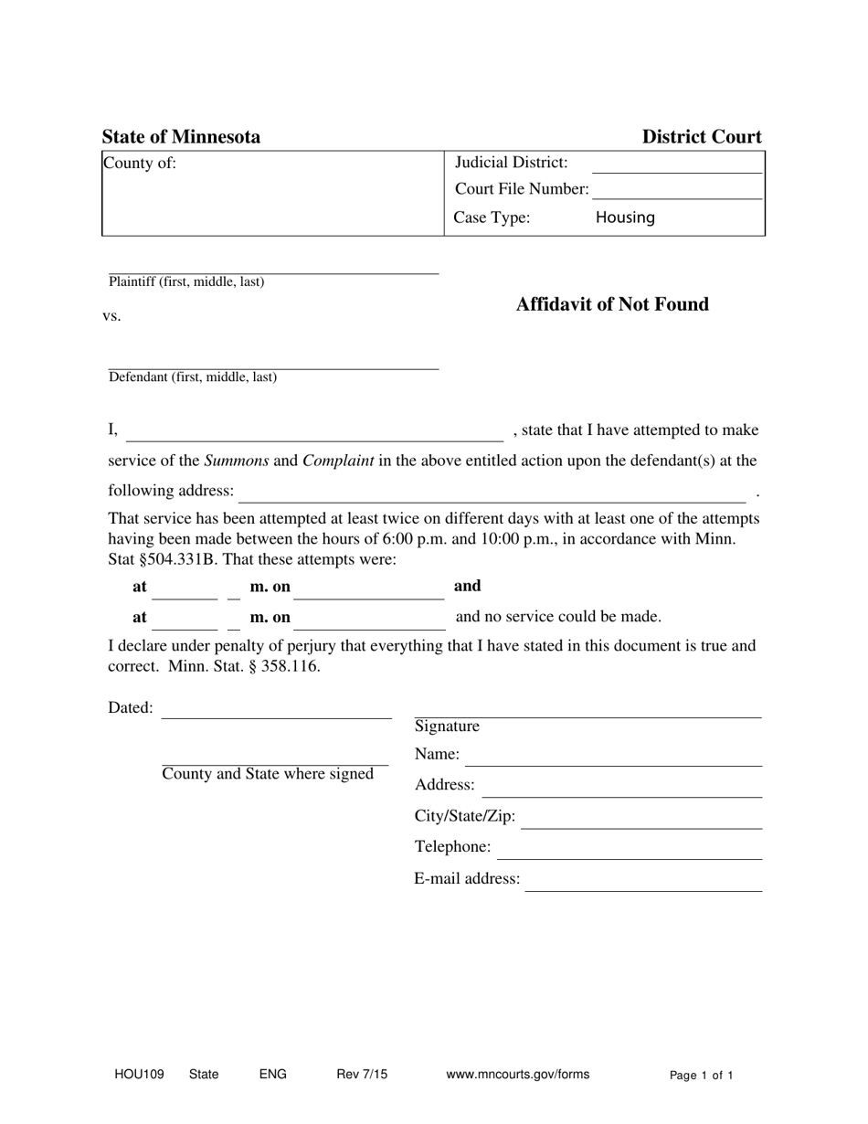 Form HOU109 Affidavit of Not Found - Minnesota, Page 1