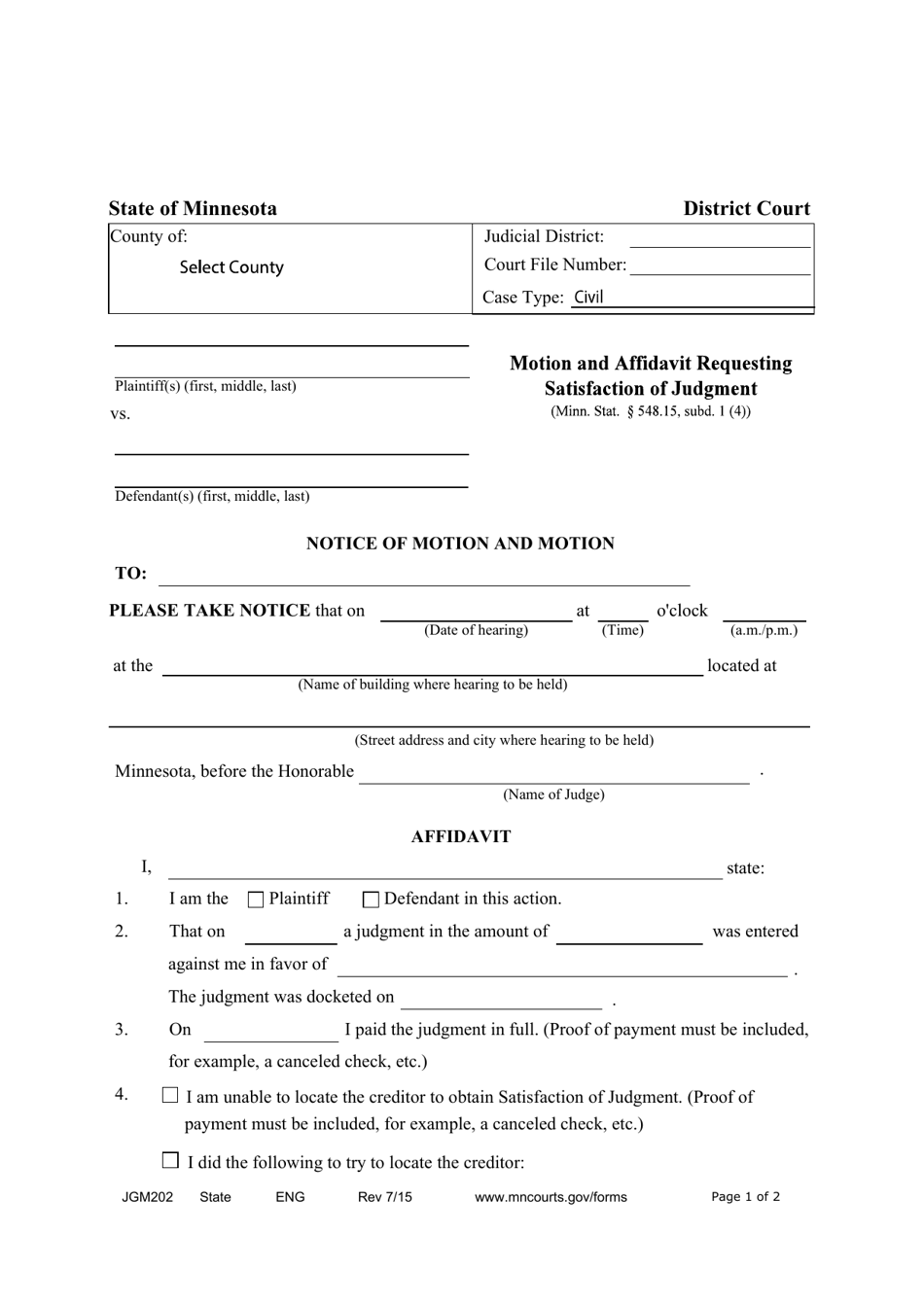Form JGM202 Motion and Affidavit Requesting Satisfaction of Judgment - Minnesota, Page 1