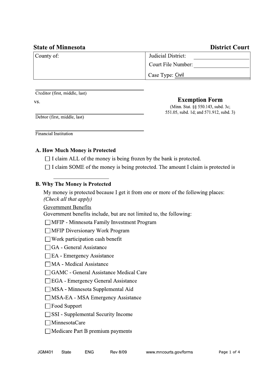 Form JGM401 Exemption Form - Minnesota, Page 1
