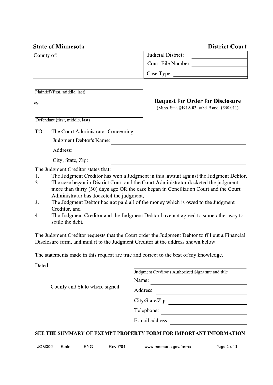 Form JGM302 Request for Order for Disclosure - Minnesota, Page 1