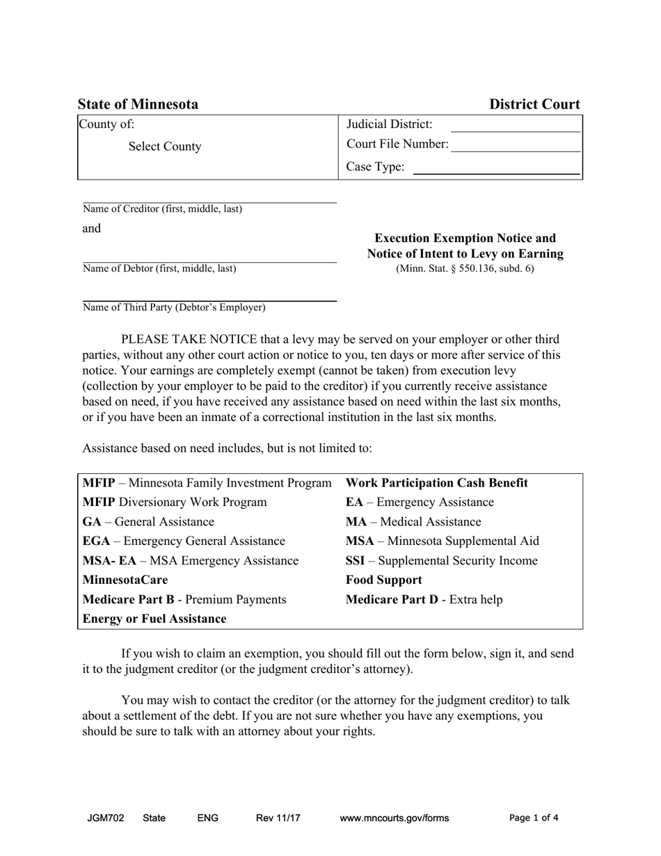 Form JGM702 Execution Exemption Notice and Notice of Intent to Levy on Earning - Minnesota, Page 1