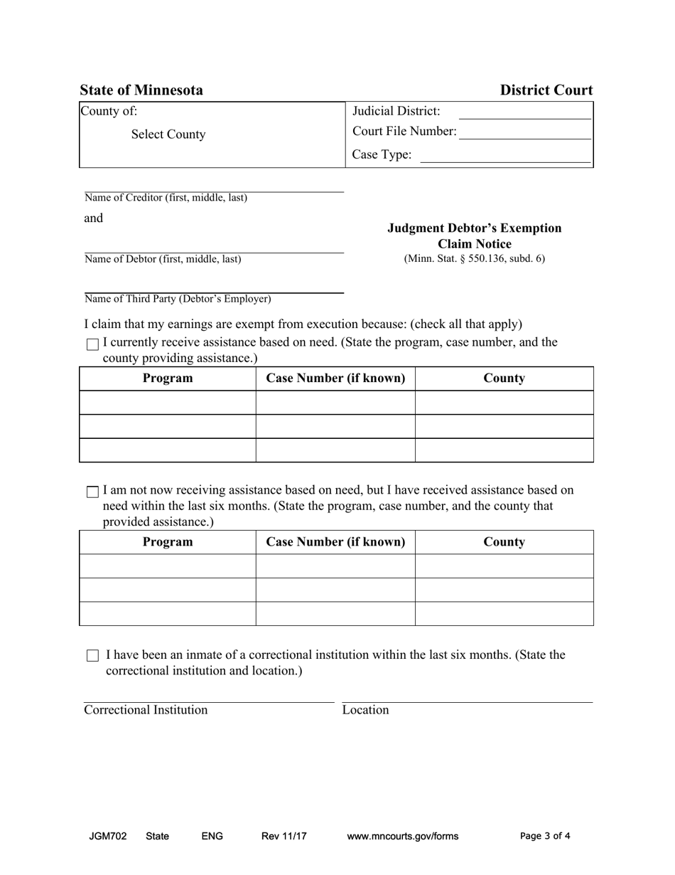 Form JGM702 Execution Exemption Notice and Notice of Intent to Levy on Earning - Minnesota, Page 3