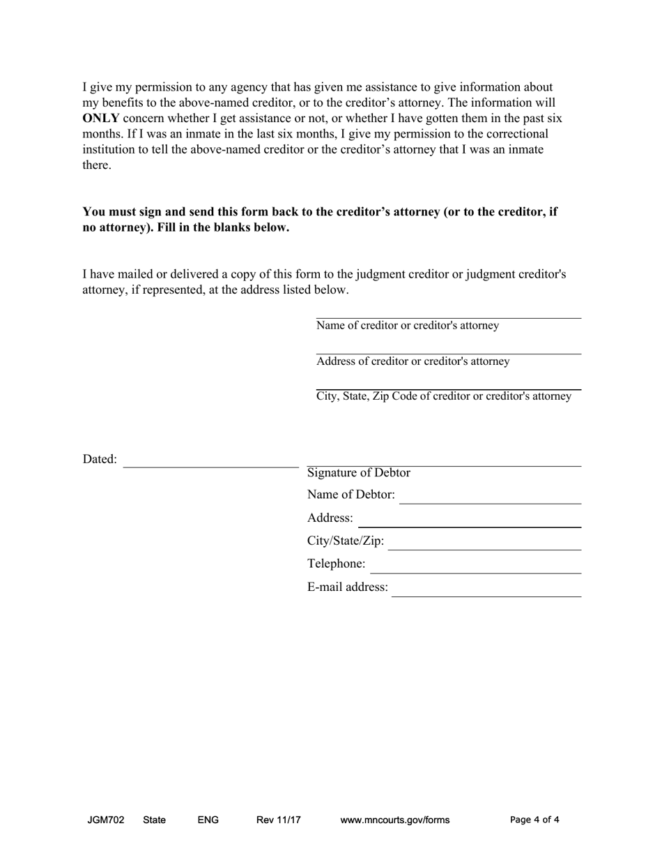 Form JGM702 Execution Exemption Notice and Notice of Intent to Levy on Earning - Minnesota, Page 4
