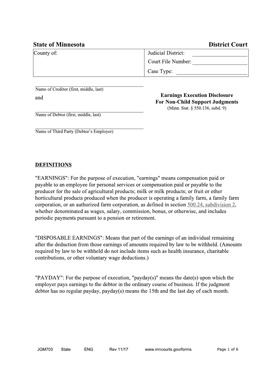 Form JGM703 Earnings Execution Disclosure for Non-child Support Judgments - Minnesota, Page 1
