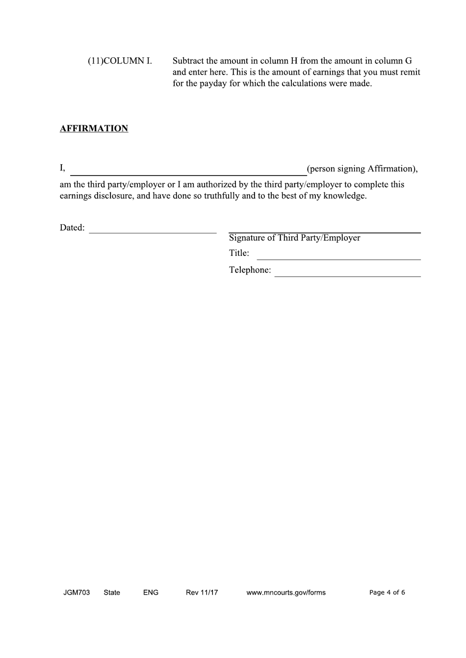 Form JGM703 Earnings Execution Disclosure for Non-child Support Judgments - Minnesota, Page 4