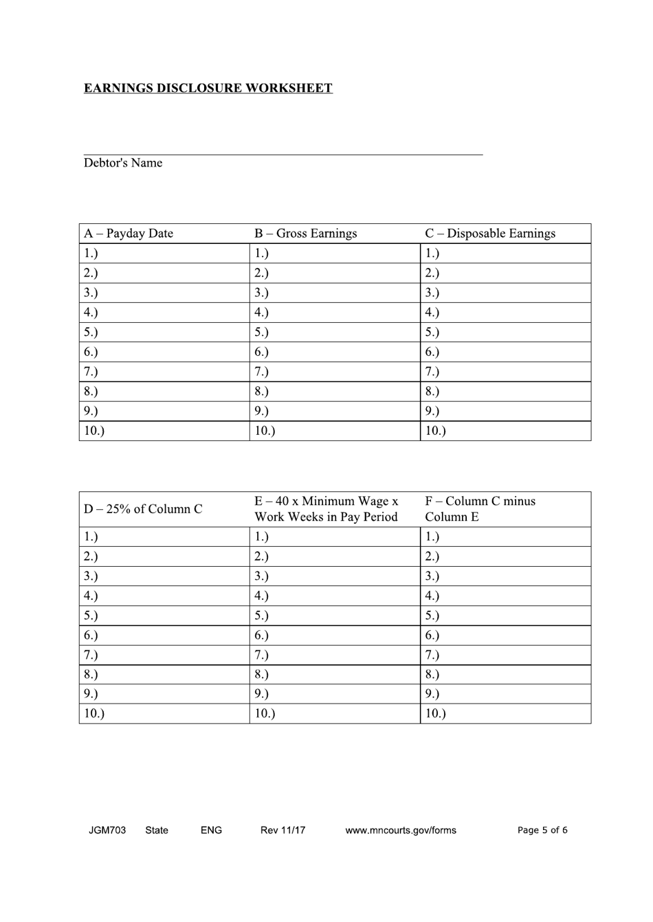 Form JGM703 Earnings Execution Disclosure for Non-child Support Judgments - Minnesota, Page 5