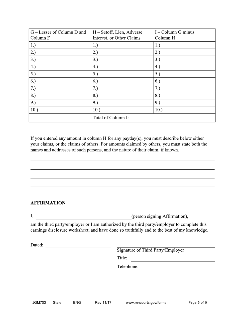 Form JGM703 Earnings Execution Disclosure for Non-child Support Judgments - Minnesota, Page 6