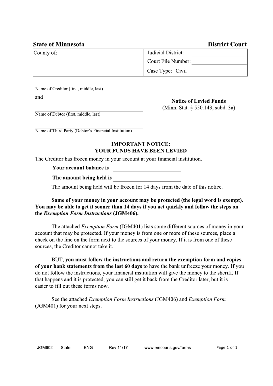 Form JGM602 Notice of Levied Funds - Minnesota, Page 1