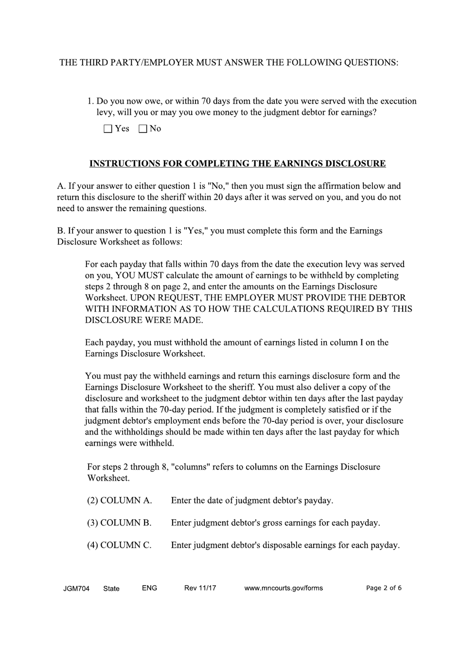 Form JGM704 Earnings Execution Disclosure for Child Support Judgments - Minnesota, Page 2