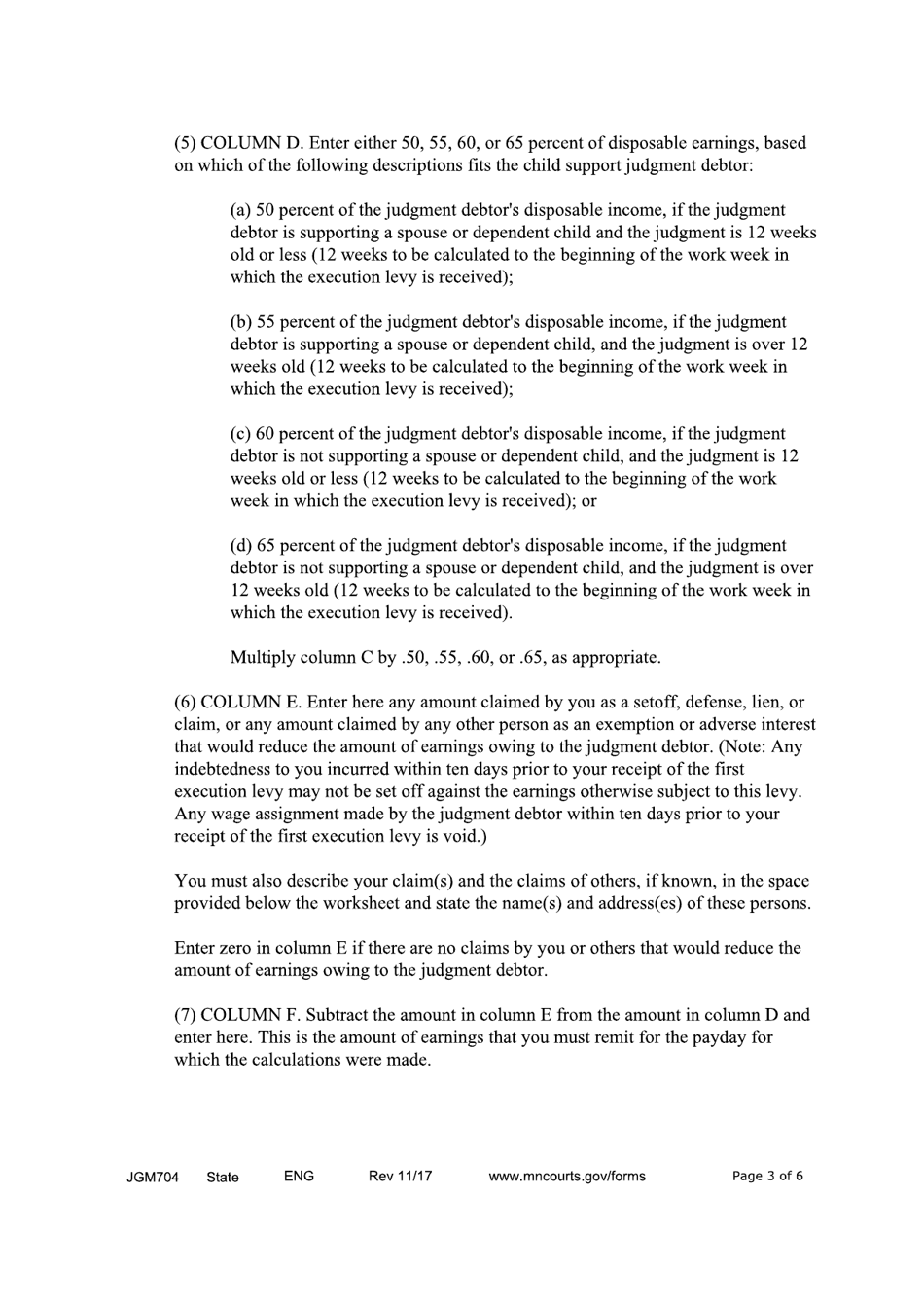 Form JGM704 Earnings Execution Disclosure for Child Support Judgments - Minnesota, Page 3