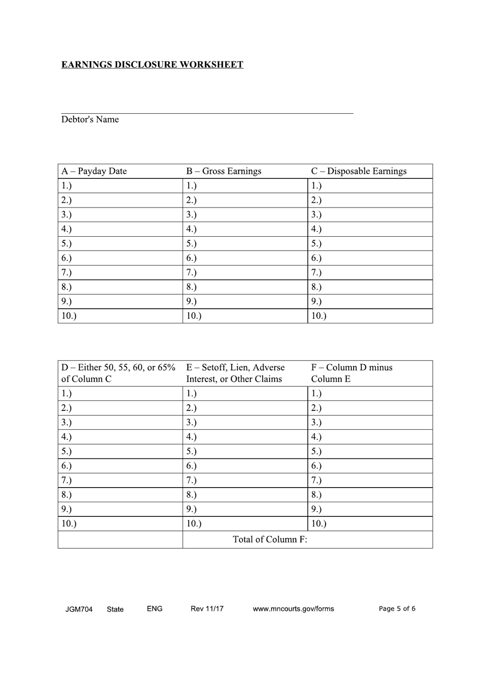 Form JGM704 Earnings Execution Disclosure for Child Support Judgments - Minnesota, Page 5