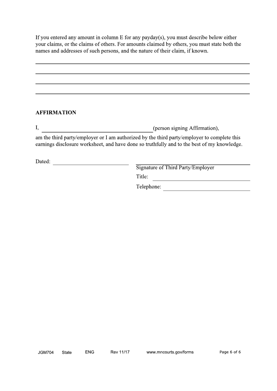 Form JGM704 Earnings Execution Disclosure for Child Support Judgments - Minnesota, Page 6