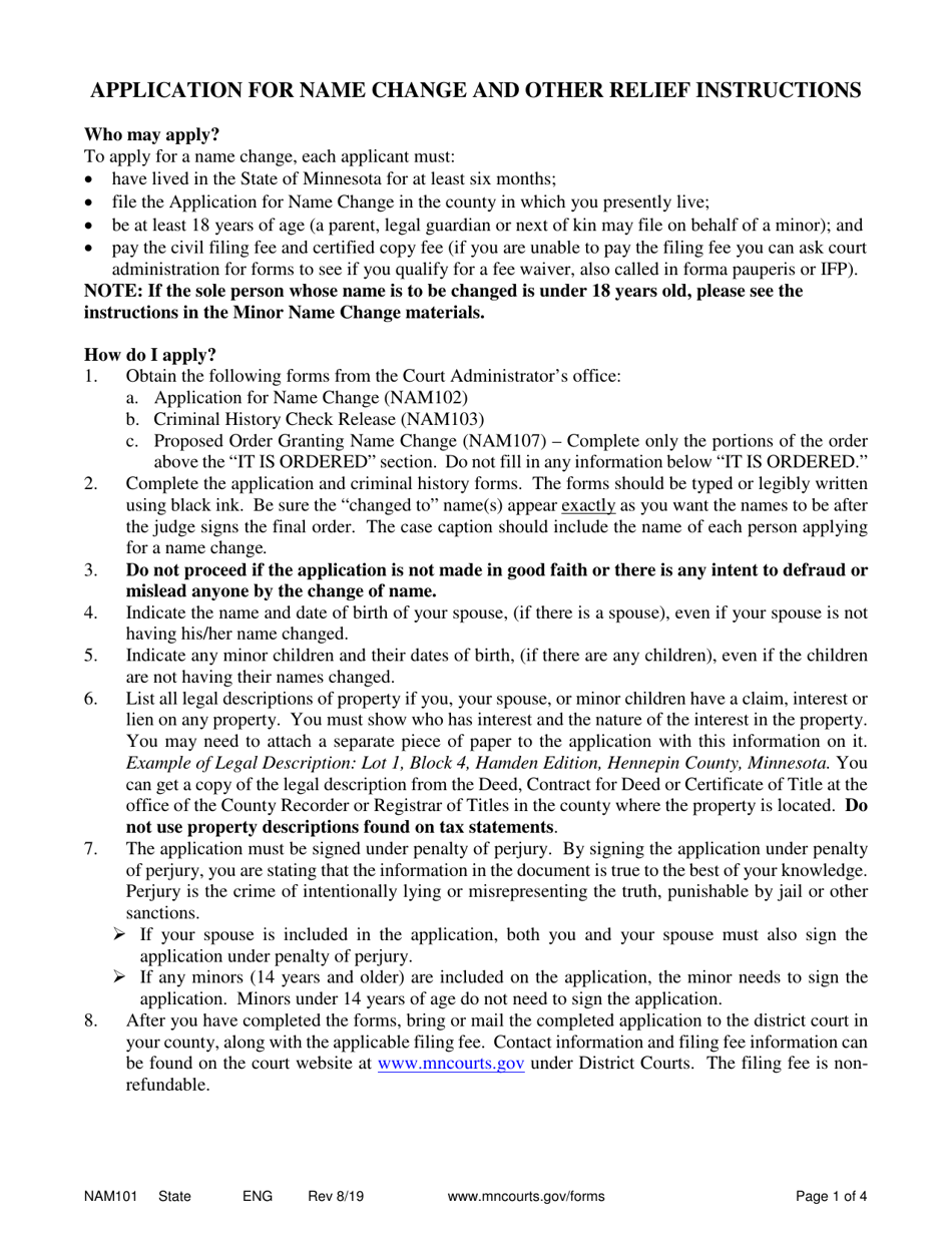 Instructions for Form NAM102, NAM103, NAM107 Application for Name Change and Other Relief - Minnesota, Page 1
