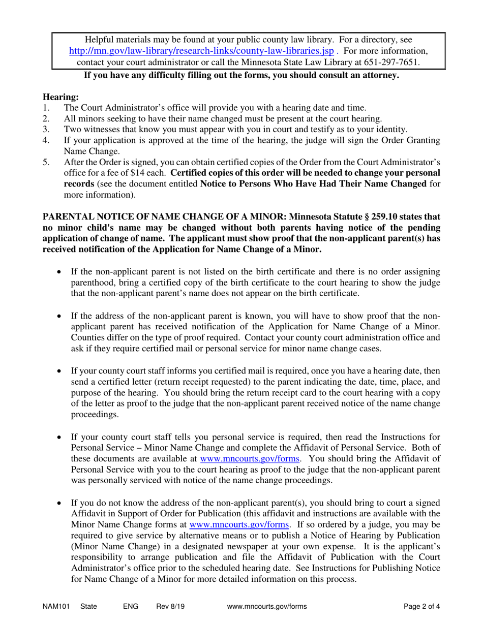 Instructions for Form NAM102, NAM103, NAM107 Application for Name Change and Other Relief - Minnesota, Page 2