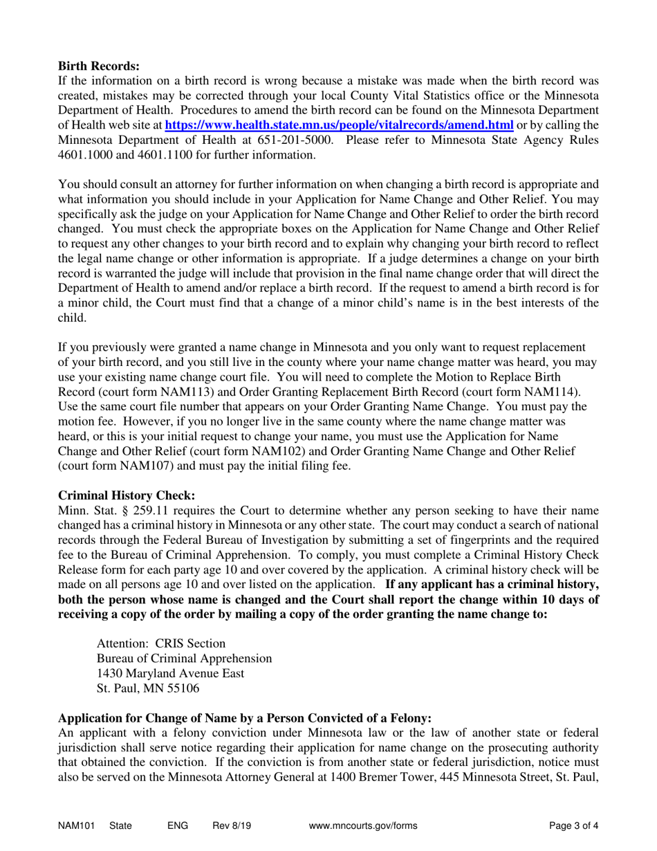 Instructions for Form NAM102, NAM103, NAM107 Application for Name Change and Other Relief - Minnesota, Page 3