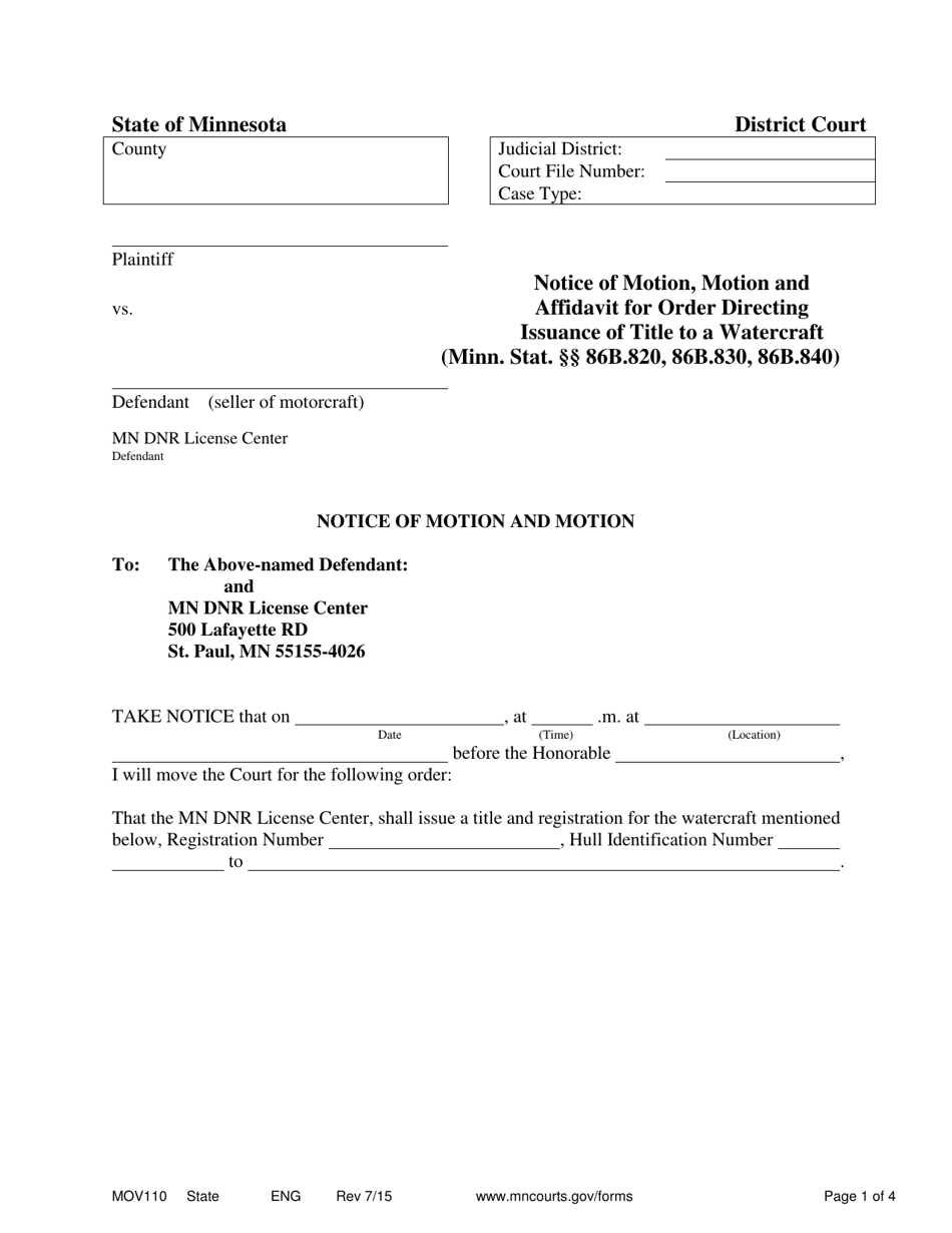 Form MOV110 Notice of Motion, Motion and Affidavit for Order Directing Issuance of Title to a Watercraf - Minnesota, Page 1