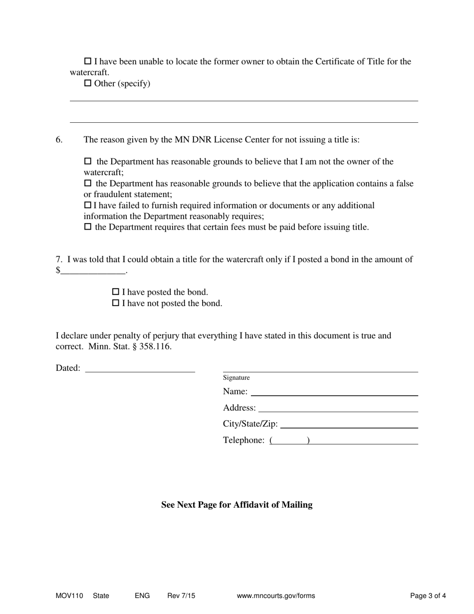 Form MOV110 Notice of Motion, Motion and Affidavit for Order Directing Issuance of Title to a Watercraf - Minnesota, Page 3