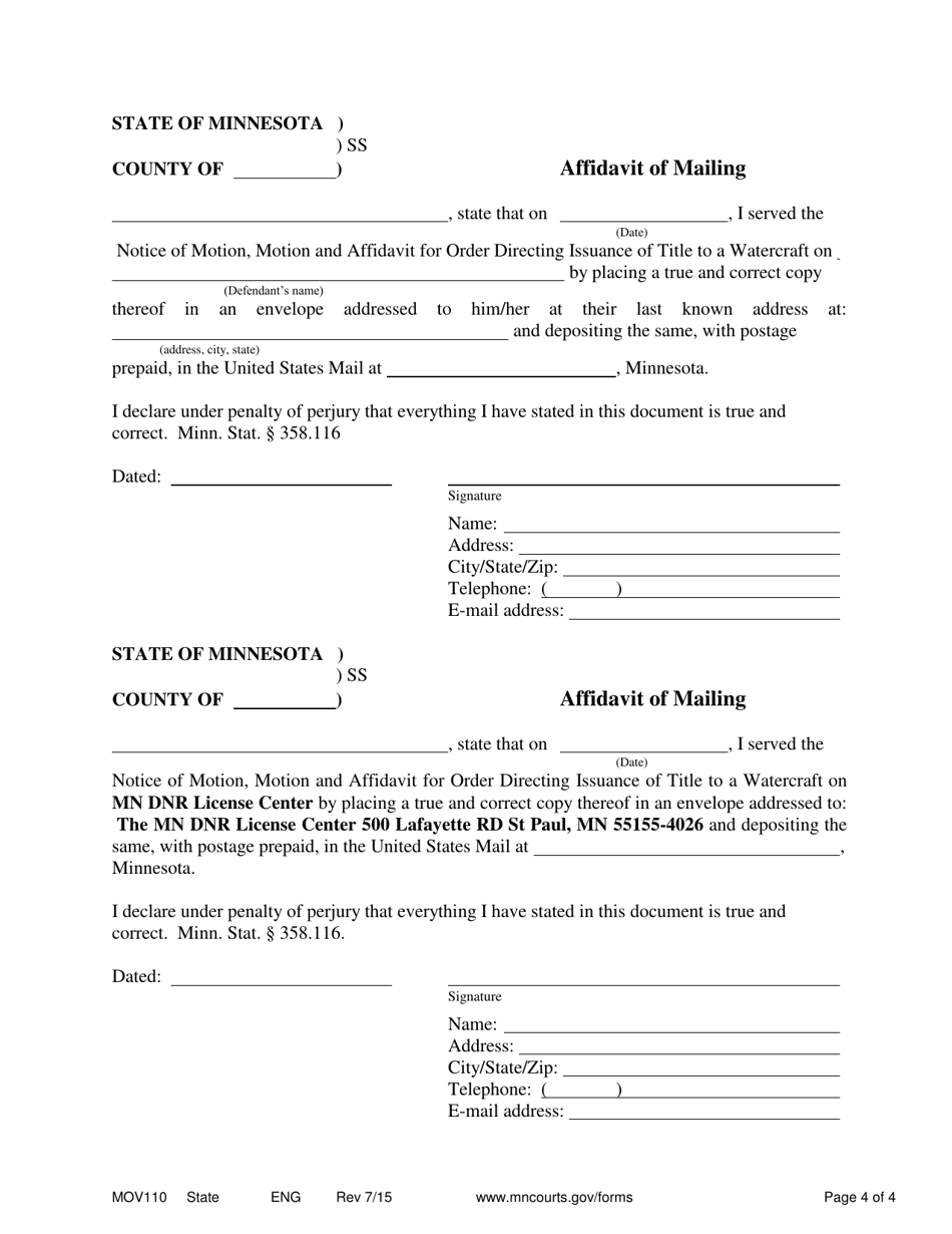 Form MOV110 Notice of Motion, Motion and Affidavit for Order Directing Issuance of Title to a Watercraf - Minnesota, Page 4