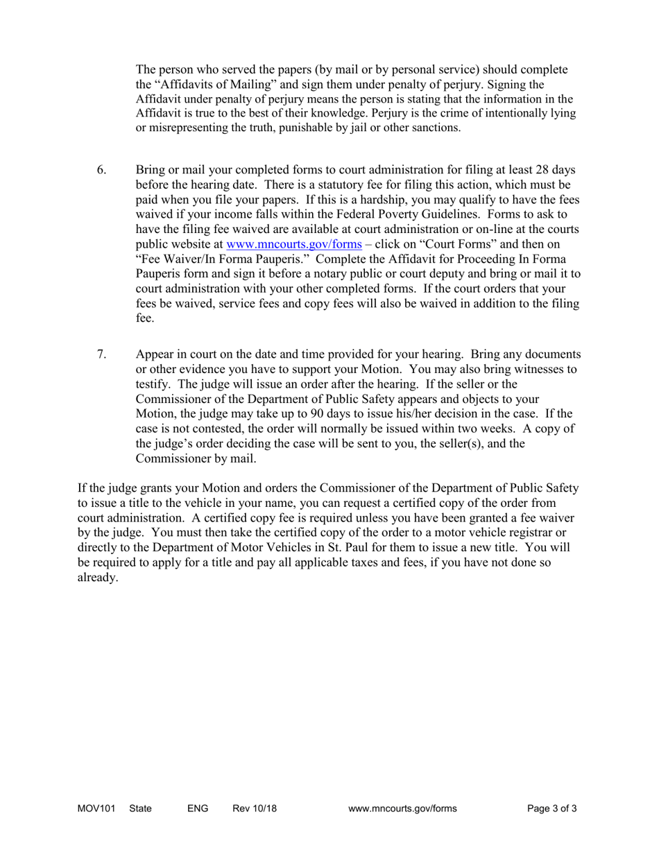 Form MOV101 Instruction Guide to Obtain a Court Order for Transfer of Motor Vehicle Title - Minnesota, Page 3