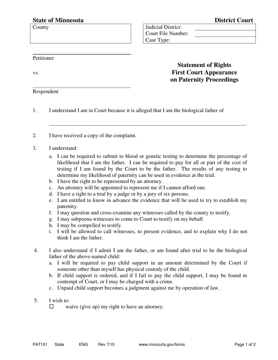 Form PAT101 Statement of Rights First Court Appearance on Paternity Proceedings - Minnesota, Page 1