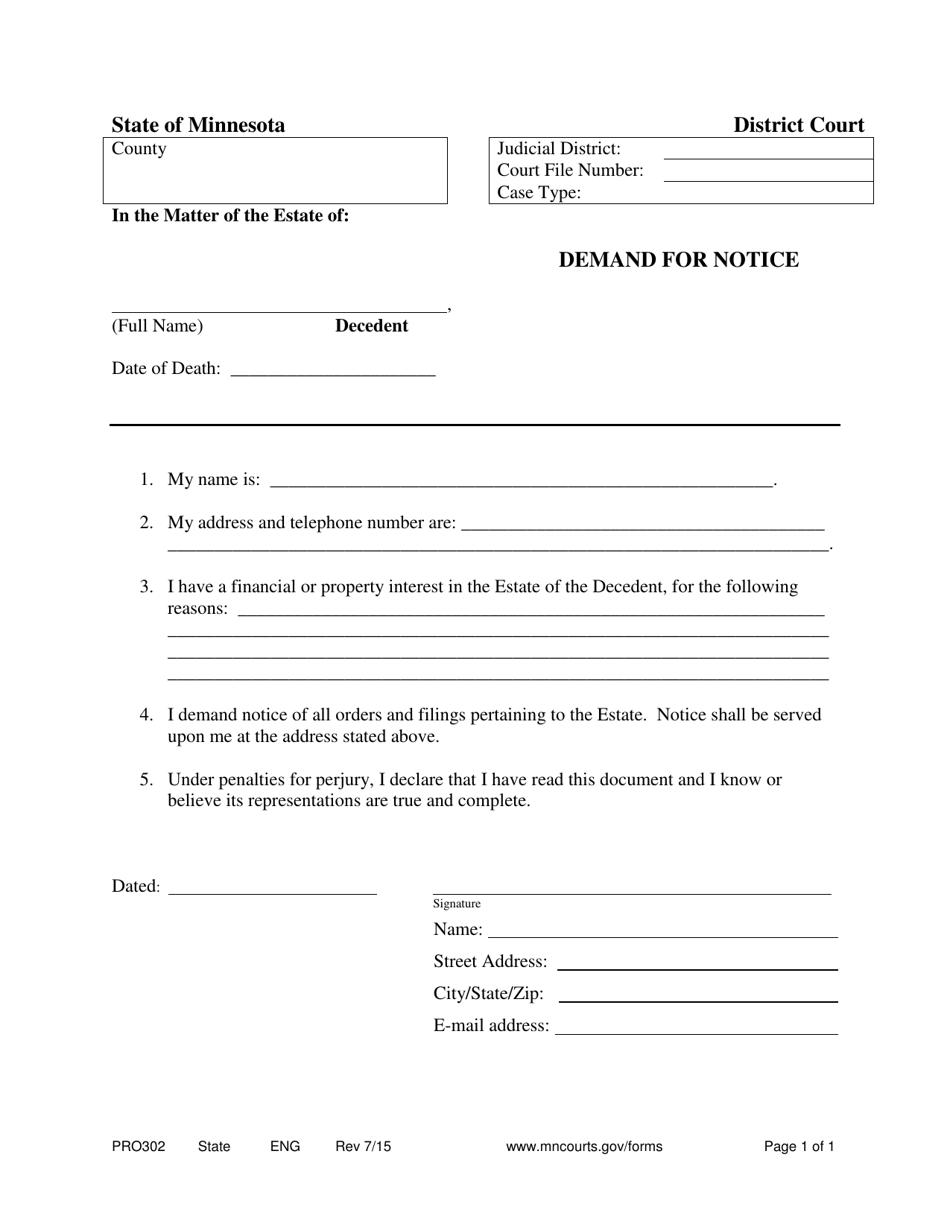 Form PRO302 Demand for Notice - Minnesota, Page 1