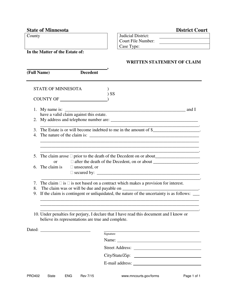 Form PRO402 Written Statement of Claim - Minnesota, Page 1