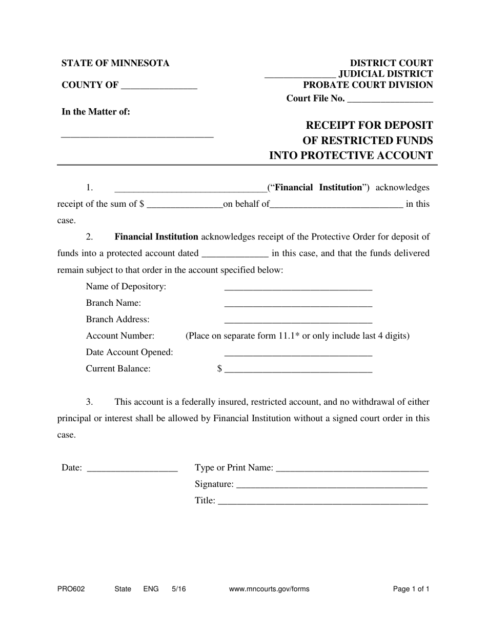 Form PRO602 Receipt for Deposit of Restricted Funds Into Protective Account - Minnesota, Page 1