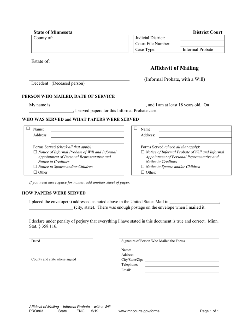 Form PRO803 Affidavit of Mailing - Minnesota, Page 1