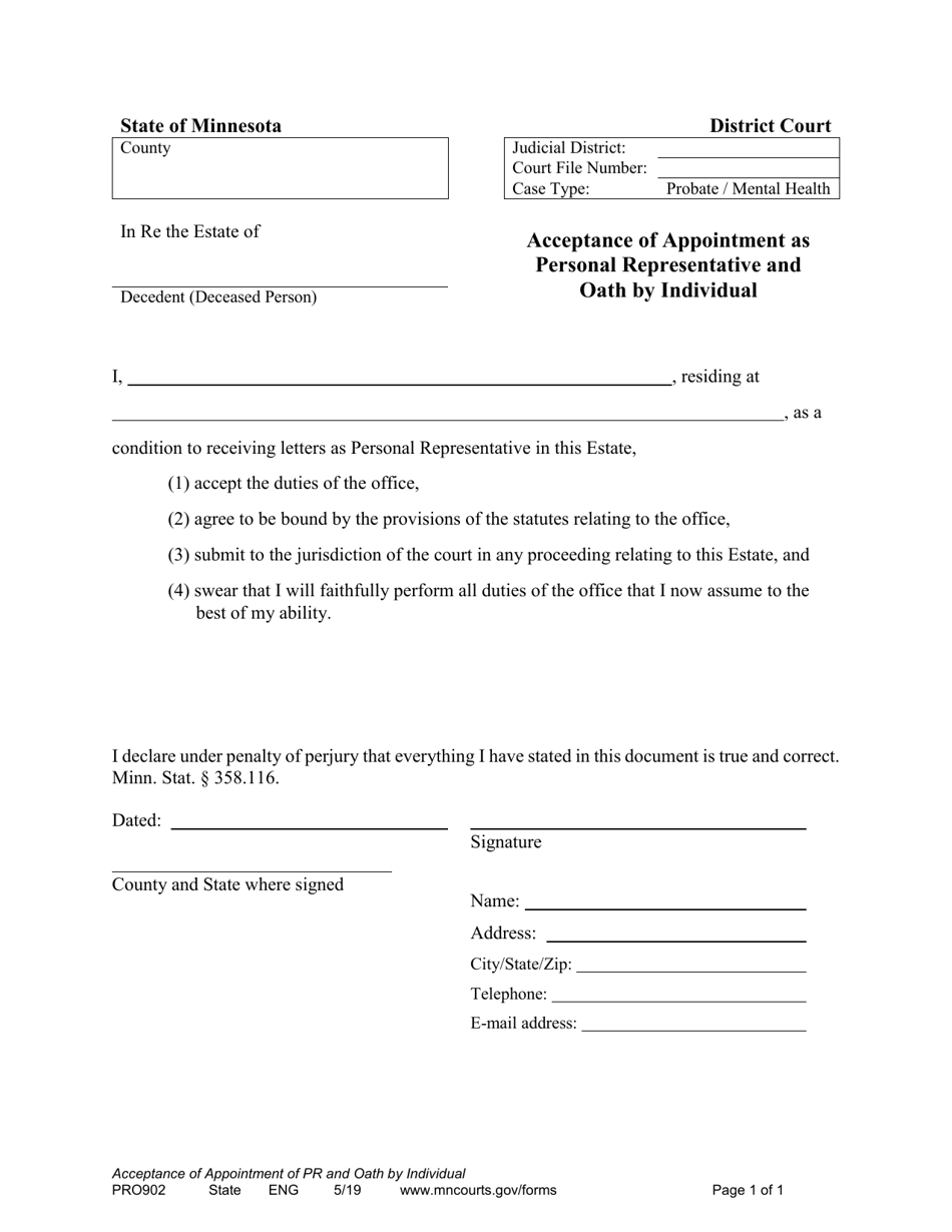 Form PRO902 Acceptance of Appointment as Personal Representative and Oath by Individual - Minnesota, Page 1