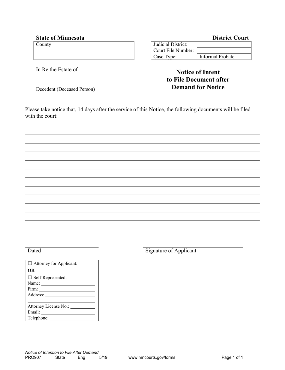 Form PRO907 Notice of Intent to File Document After Demand for Notice - Minnesota, Page 1