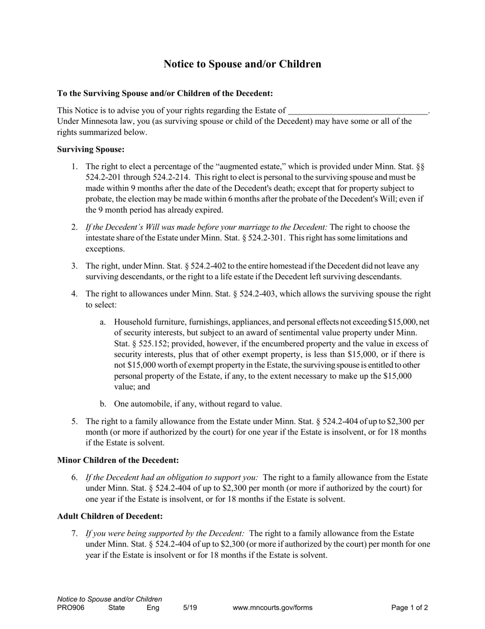 Form PRO906 Notice to Spouse and / or Children - Minnesota, Page 1