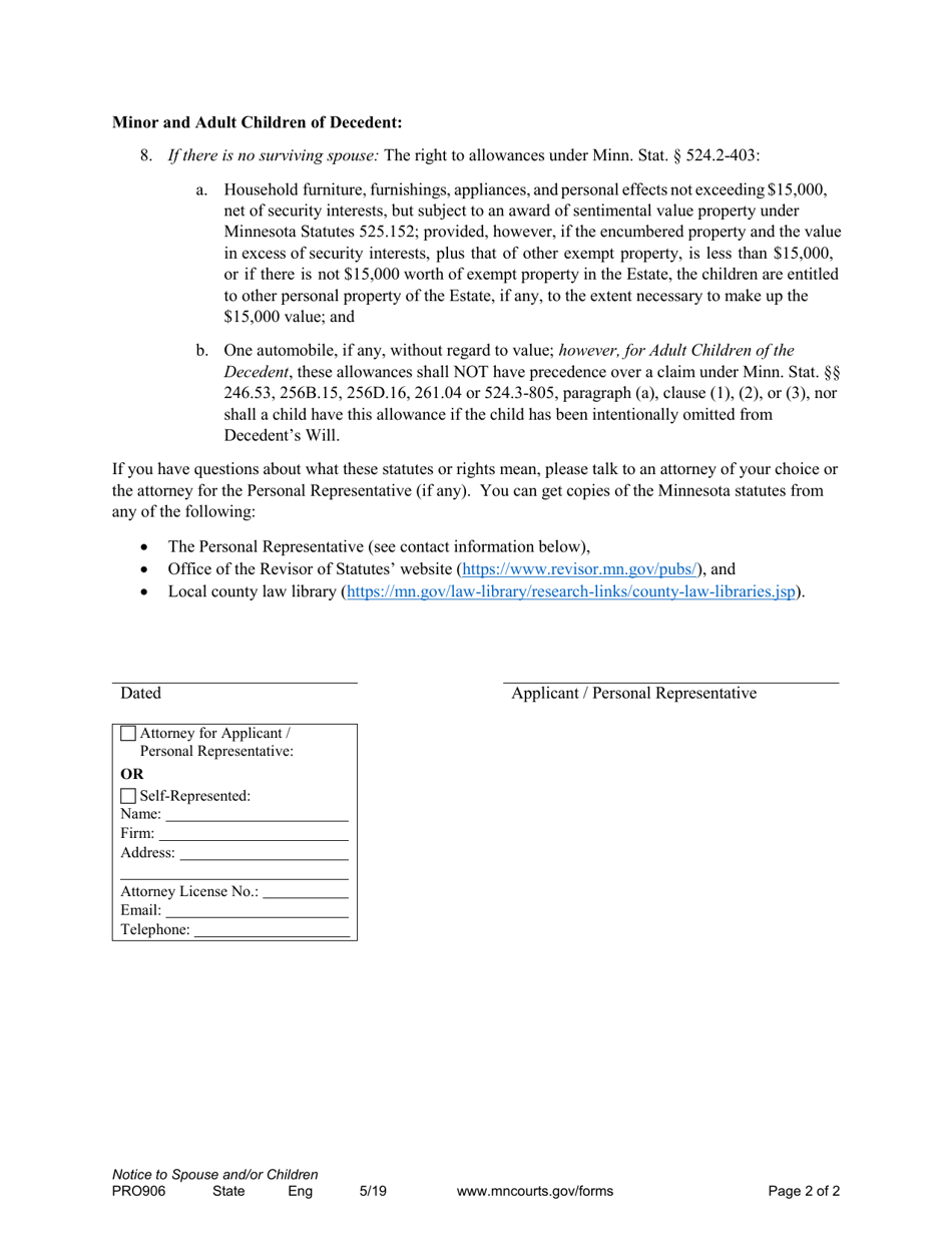 Form PRO906 Notice to Spouse and / or Children - Minnesota, Page 2