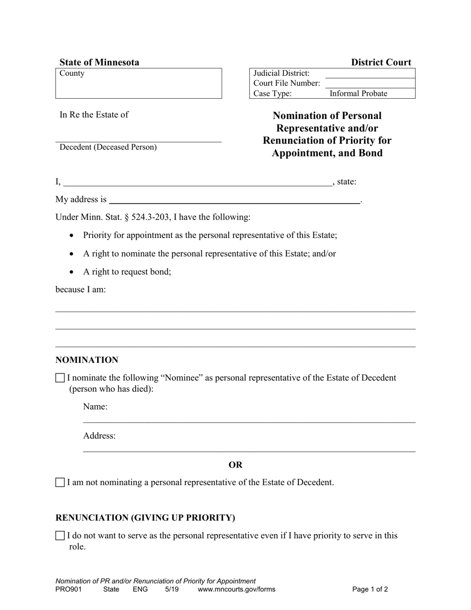 Form PRO901 Nomination of Personal Representative and / or Renunciation of Priority for Appointment, and Bond - Minnesota, Page 1