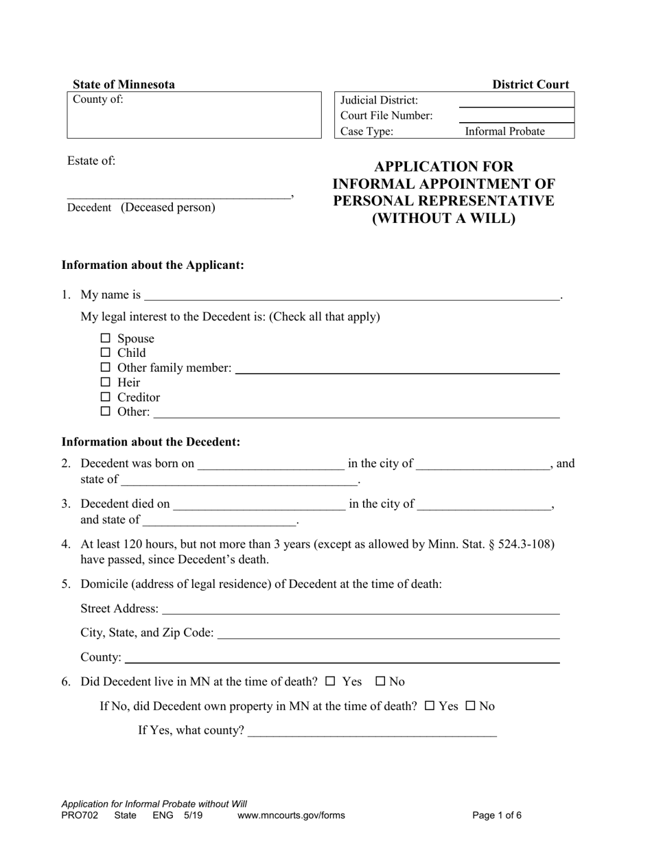 Form PRO702 Application for Informal Appointment of Personal Representative (Without a Will) - Minnesota, Page 1