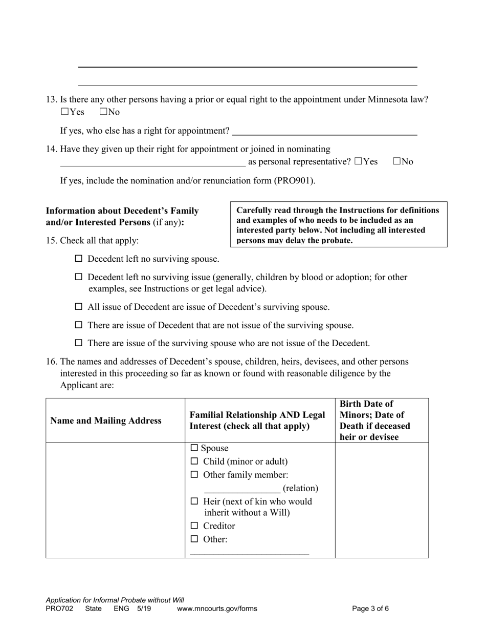 Form PRO702 Application for Informal Appointment of Personal Representative (Without a Will) - Minnesota, Page 3