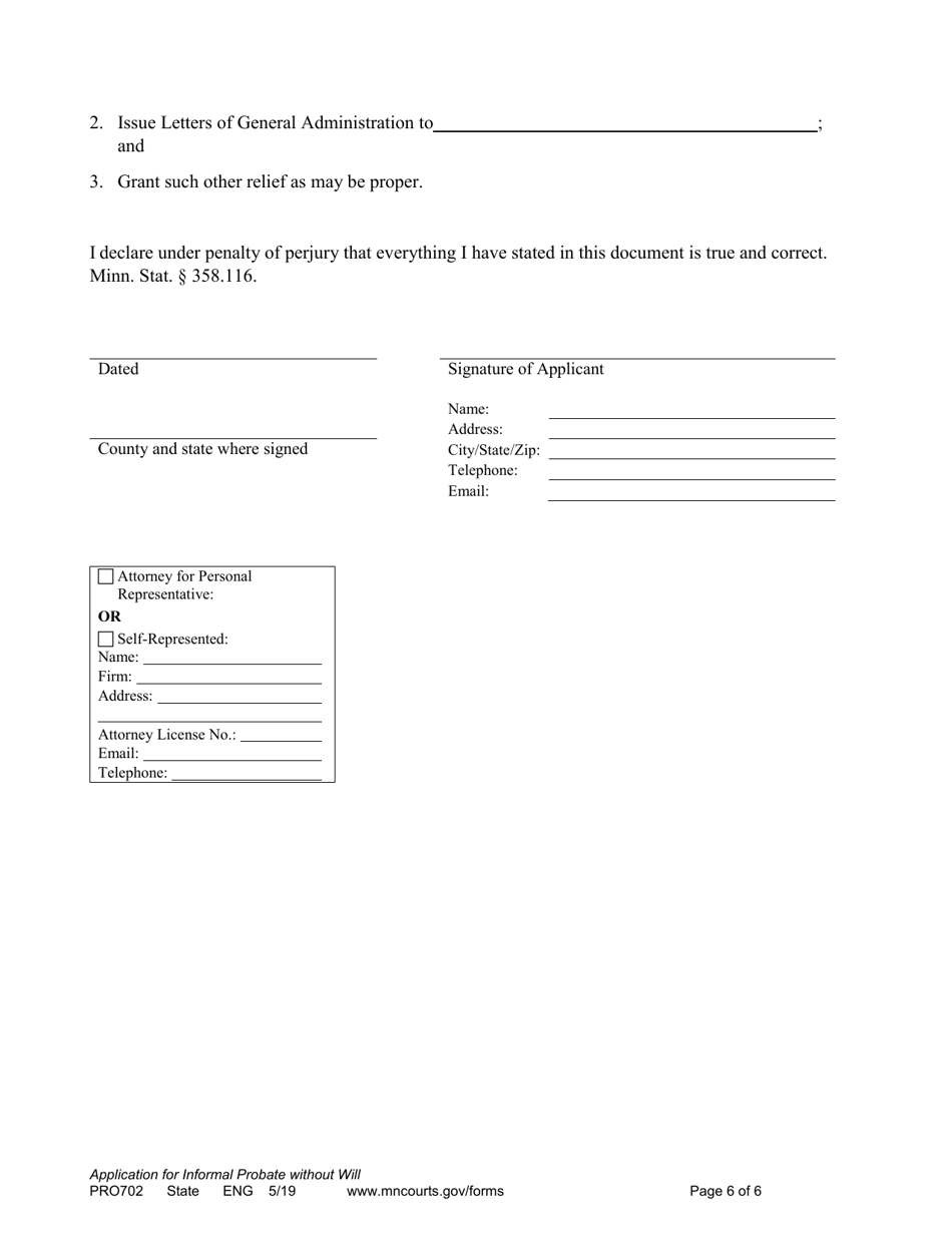 Form PRO702 Application for Informal Appointment of Personal Representative (Without a Will) - Minnesota, Page 6
