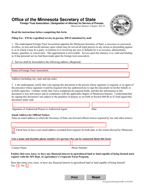 Foreign Trust Association Designation of Attorney for Service of Process - Mississippi Download Pdf