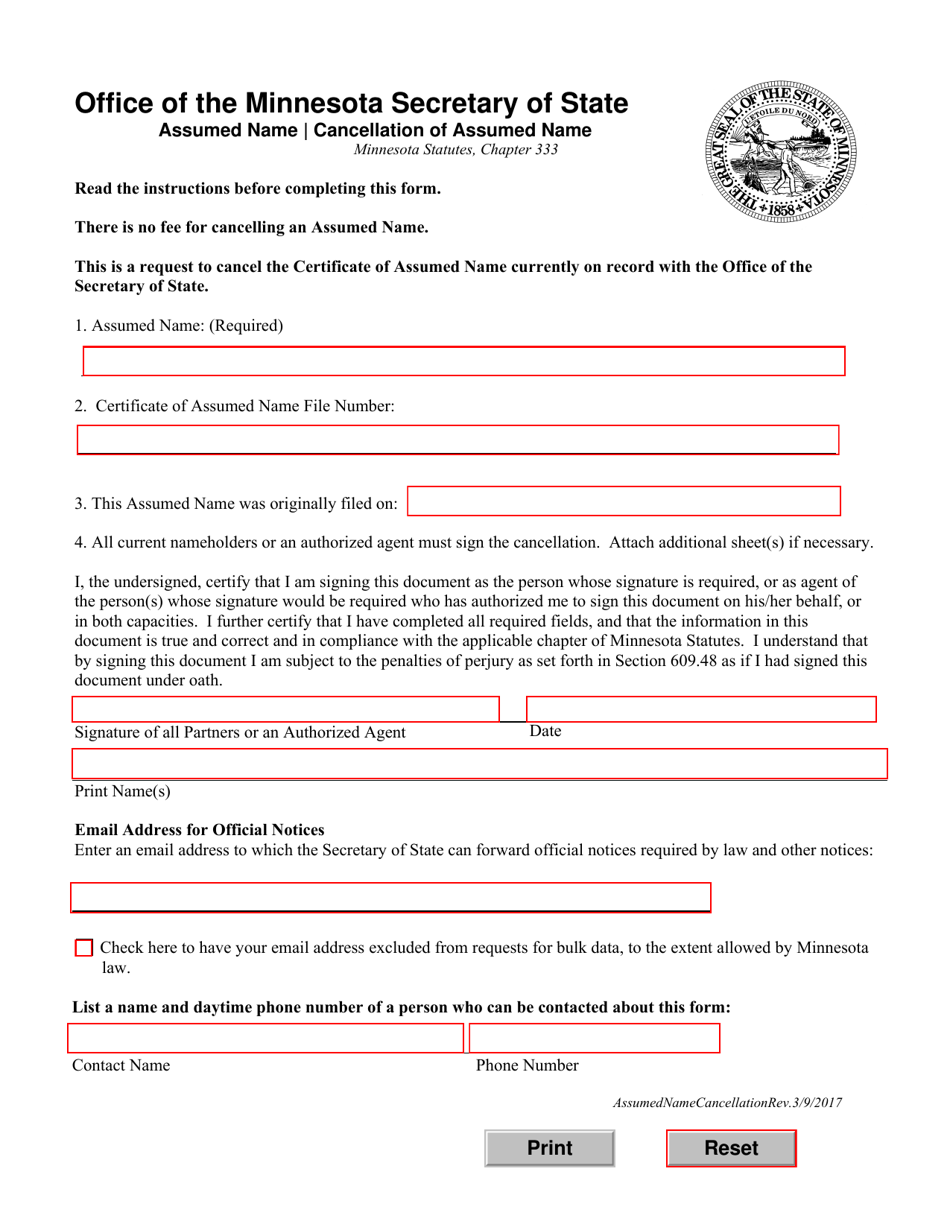 Cancellation of Assumed Name - Minnesota, Page 1