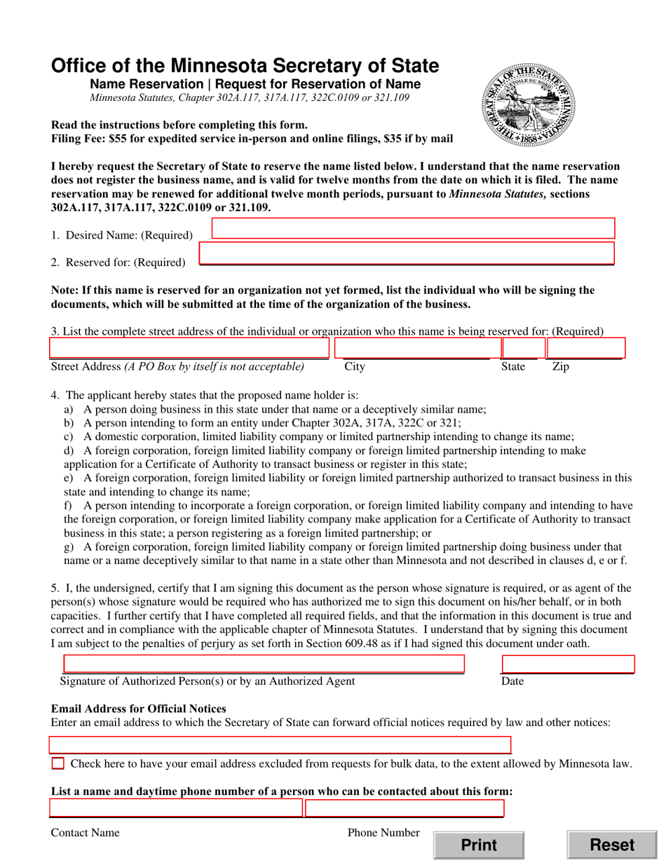 Request for Reservation of Name - Minnesota, Page 1
