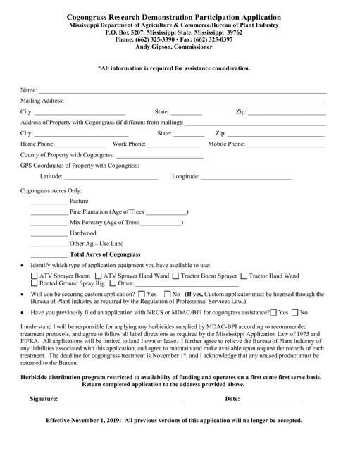 Cogongrass Research Demonstration Participation Application - Mississippi