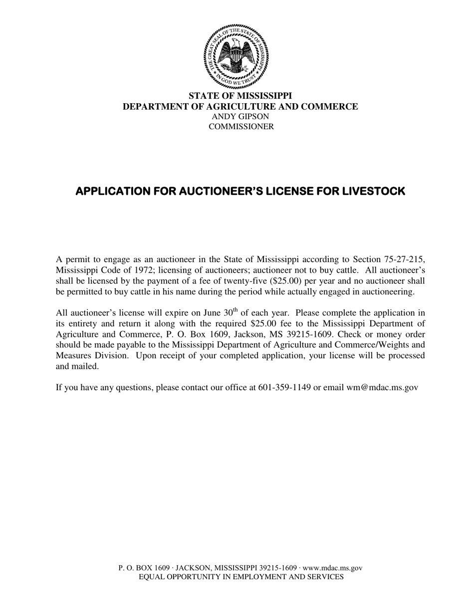 Mississippi Application for Auctioneer's License for Livestock Download Fillable PDF