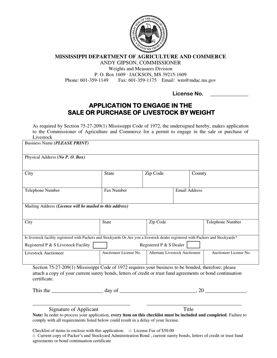 Application to Engage in the Sale or Purchase of Livestock by Weight - Mississippi, Page 2