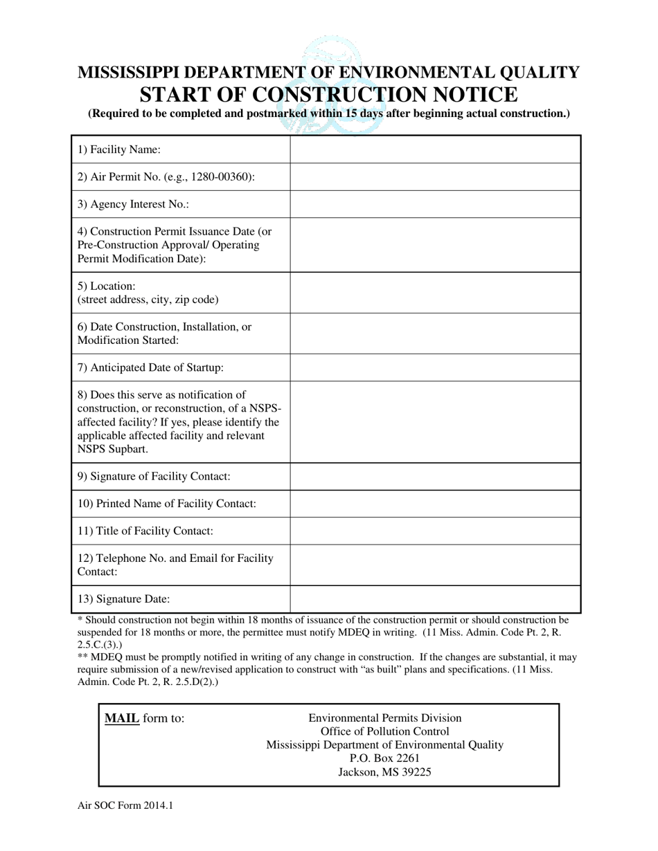Air SOC Form 2014.1 Start of Construction Notice - Mississippi, Page 1