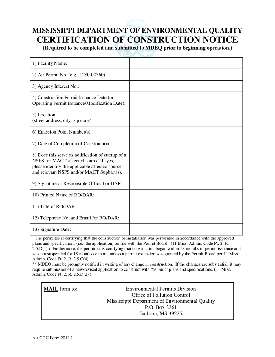 Air COC Form 2013.1 Certification of Construction Notice - Mississippi, Page 1